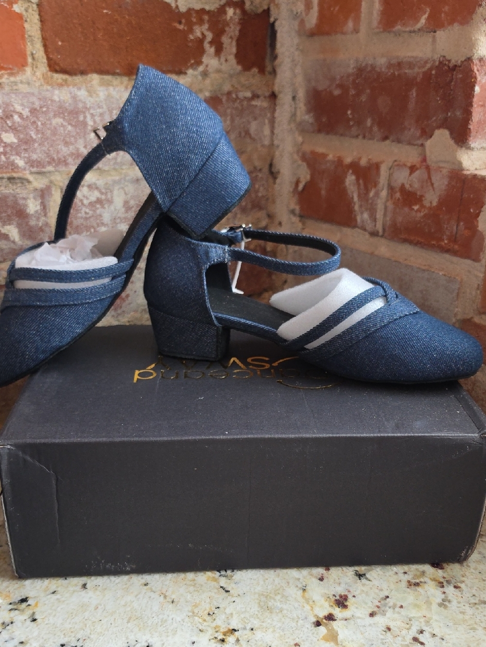 Denim Blue Mary Jane Block Heel Pumps with Striped Accent - Women's